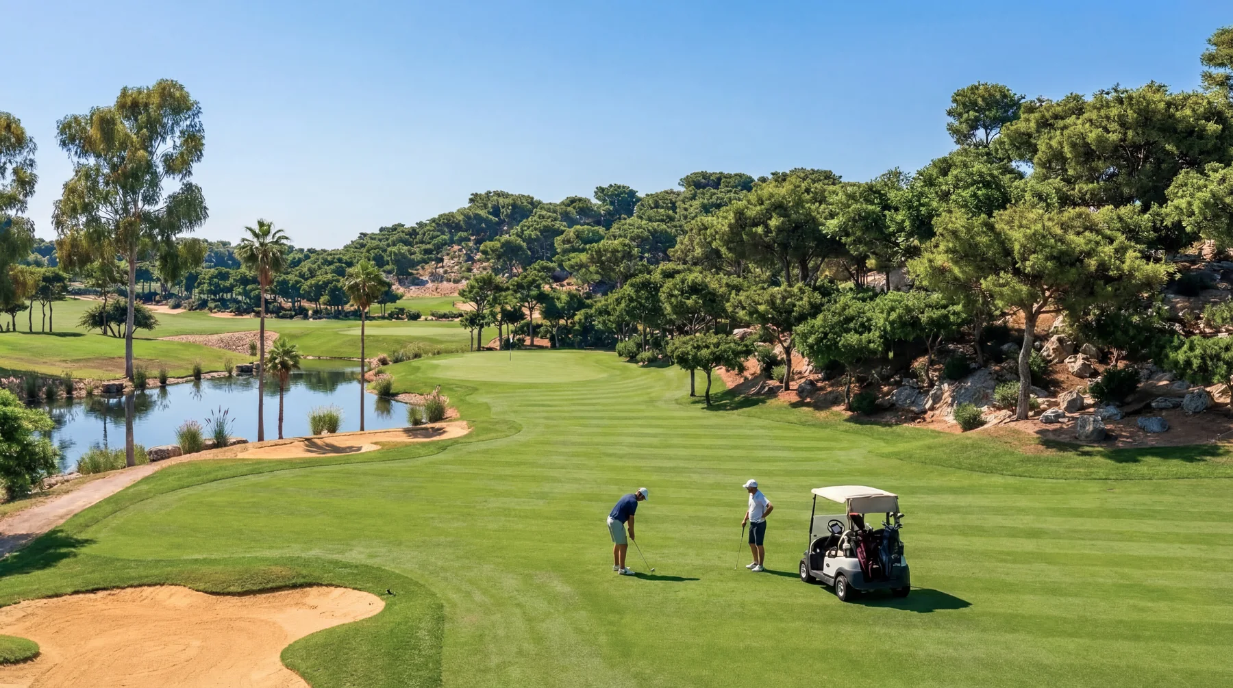 Golfers playing the approach to the 13th green at The Dalaman Golf Club