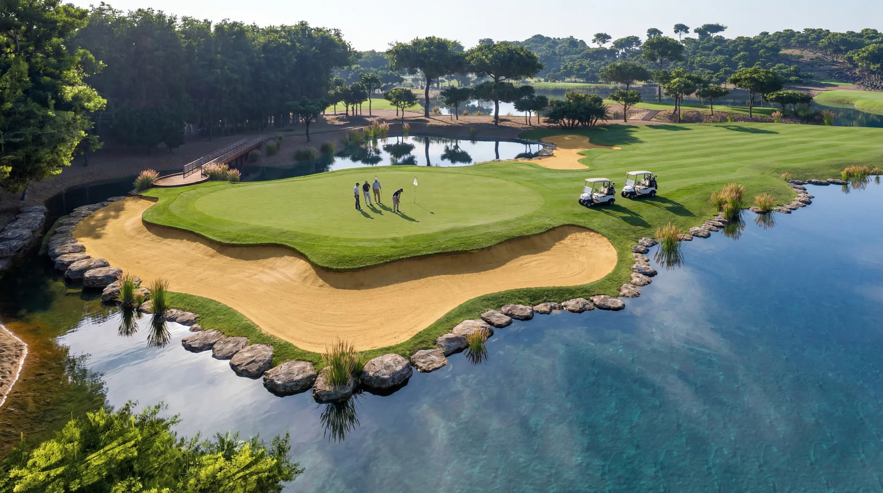 The water-framed 16th green at The Dalaman Golf Club