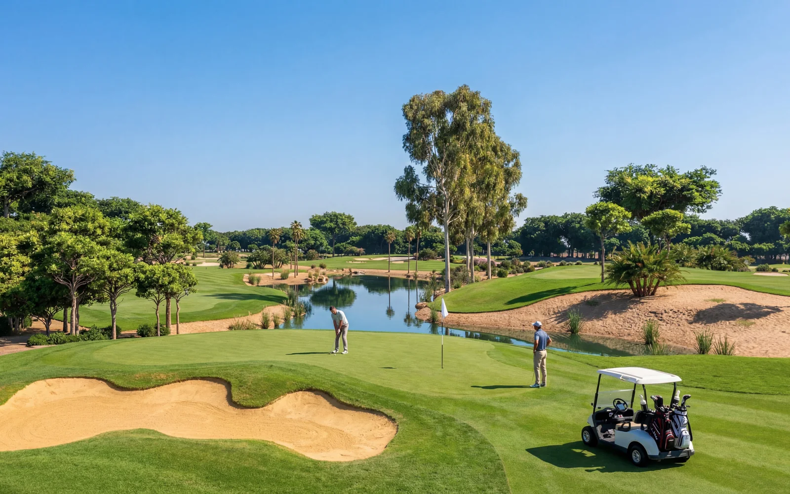 Water, bunkers and the first green at The Dalaman Golf Club