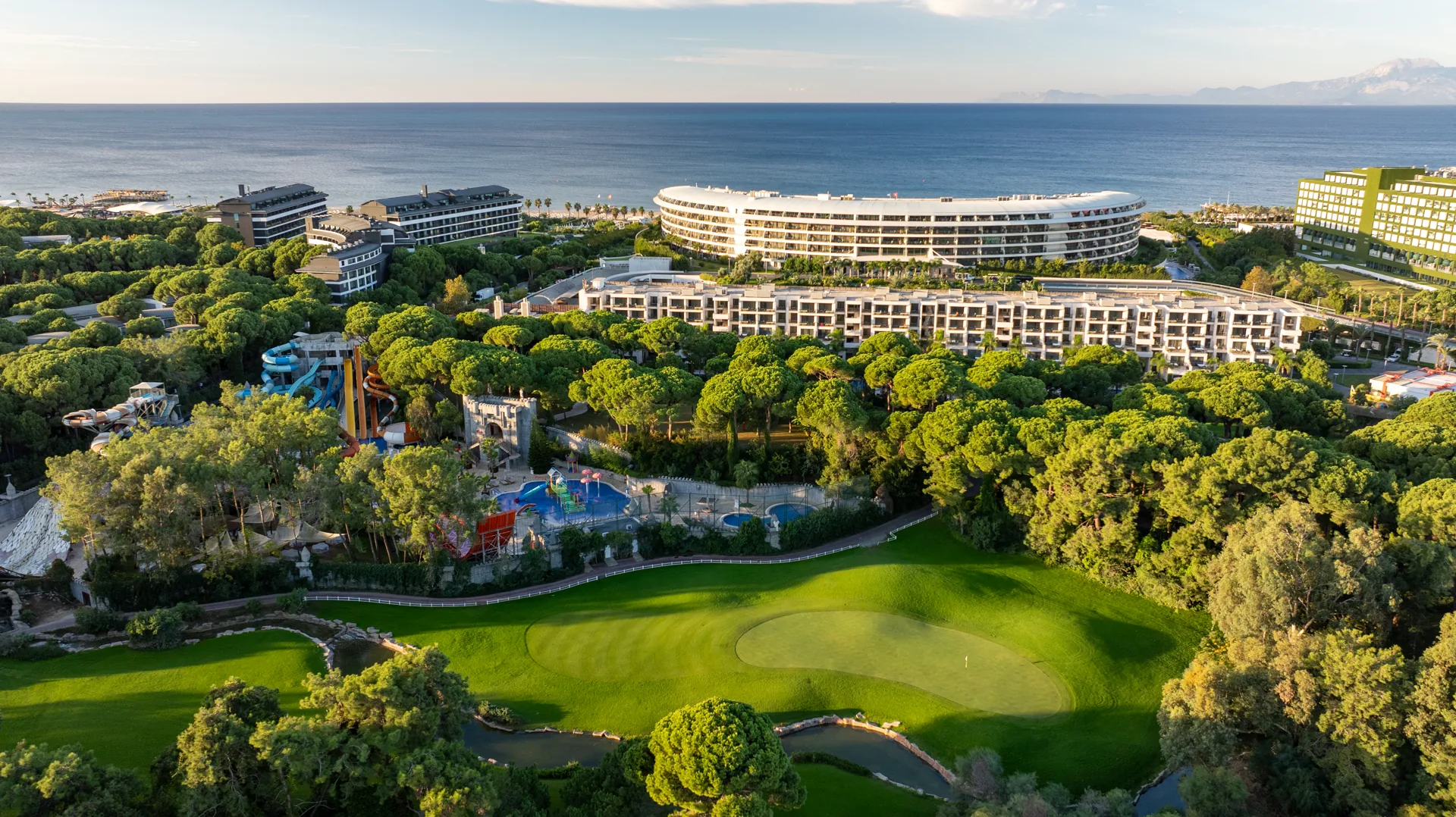 Aerial view of Maxx Royal Belek Golf Resort beside the Montgomerie golf course